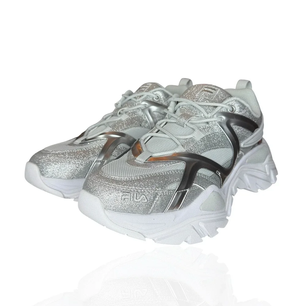 New Fila Women's 10‎ Electrove 2 Sneakers Silver Sparkle Glitter Metallic Chunky